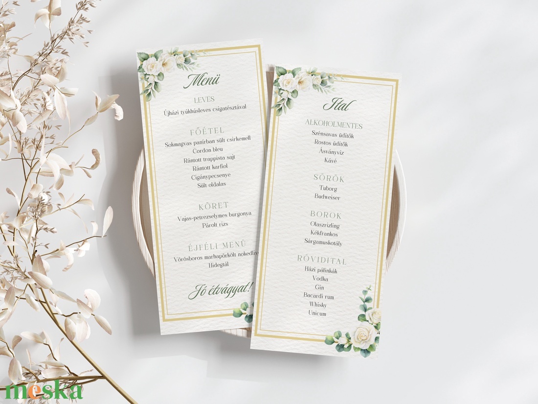 Esküvői menü és/vagy itallap/menüháromszög - Golden Rose (fehér rózsás arannyal) - esküvő - meghívó & kártya - menü - Meska.hu