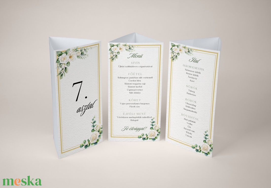 Esküvői menüháromszög/menülap/itallap/asztalszám - Golden Rose (fehér rózsás arannyal) - esküvő - meghívó & kártya - meghívó - Meska.hu