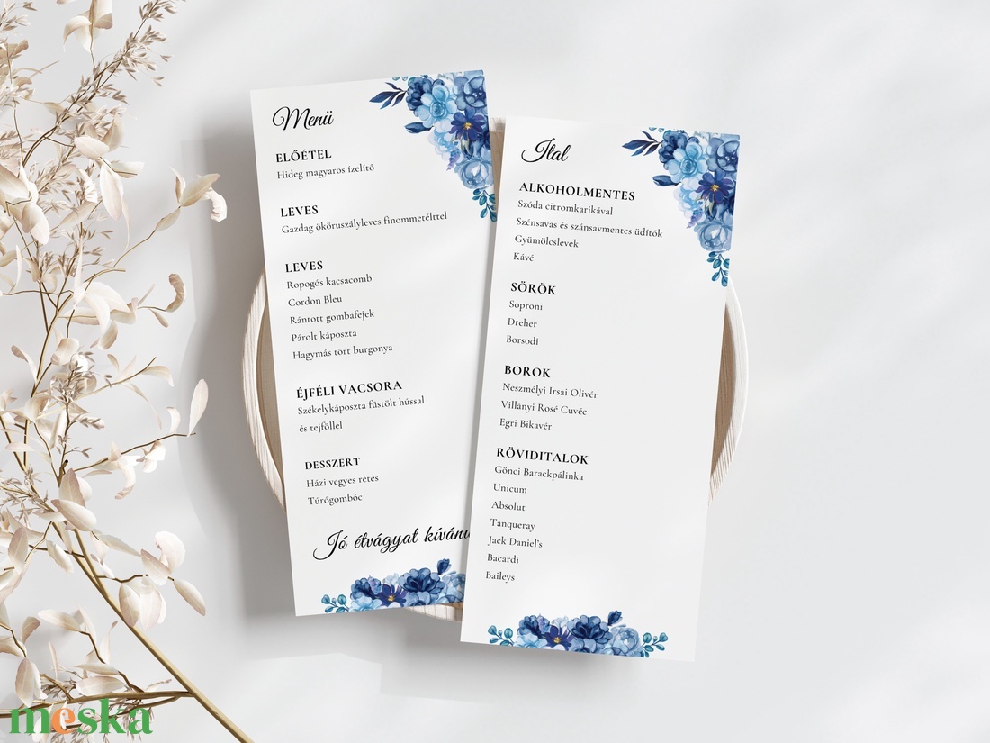 Esküvői menü és/vagy itallap/menüháromszög - Indigo Mood (indigó virágos, kék rózsás) - esküvő - meghívó & kártya - meghívó - Meska.hu