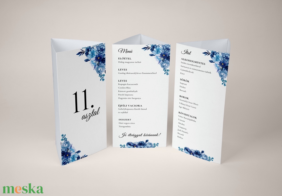 Esküvői menüháromszög/menülap/itallap/asztalszám - Indigo Mood (indigó virágos, kék rózsás) - esküvő - meghívó & kártya - meghívó - Meska.hu