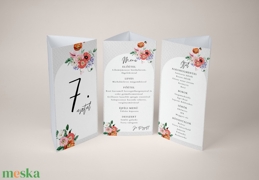 Esküvői menü és/vagy itallap/menüháromszög - Meadow Magic (pipacsos vadvirágos) - esküvő - meghívó & kártya - meghívó - Meska.hu