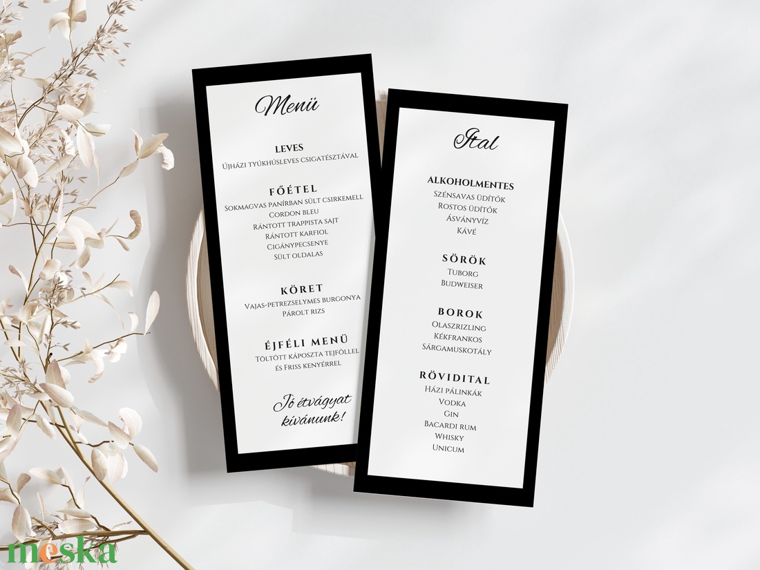 Esküvői menü és/vagy itallap/menüháromszög - Noir Elegance  (modern fekete) - esküvő - meghívó & kártya - meghívó - Meska.hu