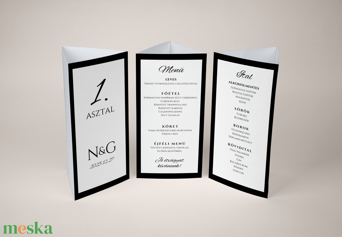 Esküvői menü és/vagy itallap/menüháromszög - Noir Elegance  (modern fekete) - esküvő - meghívó & kártya - meghívó - Meska.hu