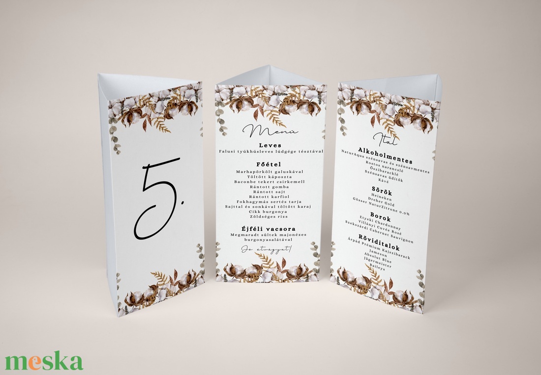Esküvői menüháromszög/menülap/itallap/asztalszám - Raw Silk (natúr gyapotos) - esküvő - meghívó & kártya - meghívó - Meska.hu
