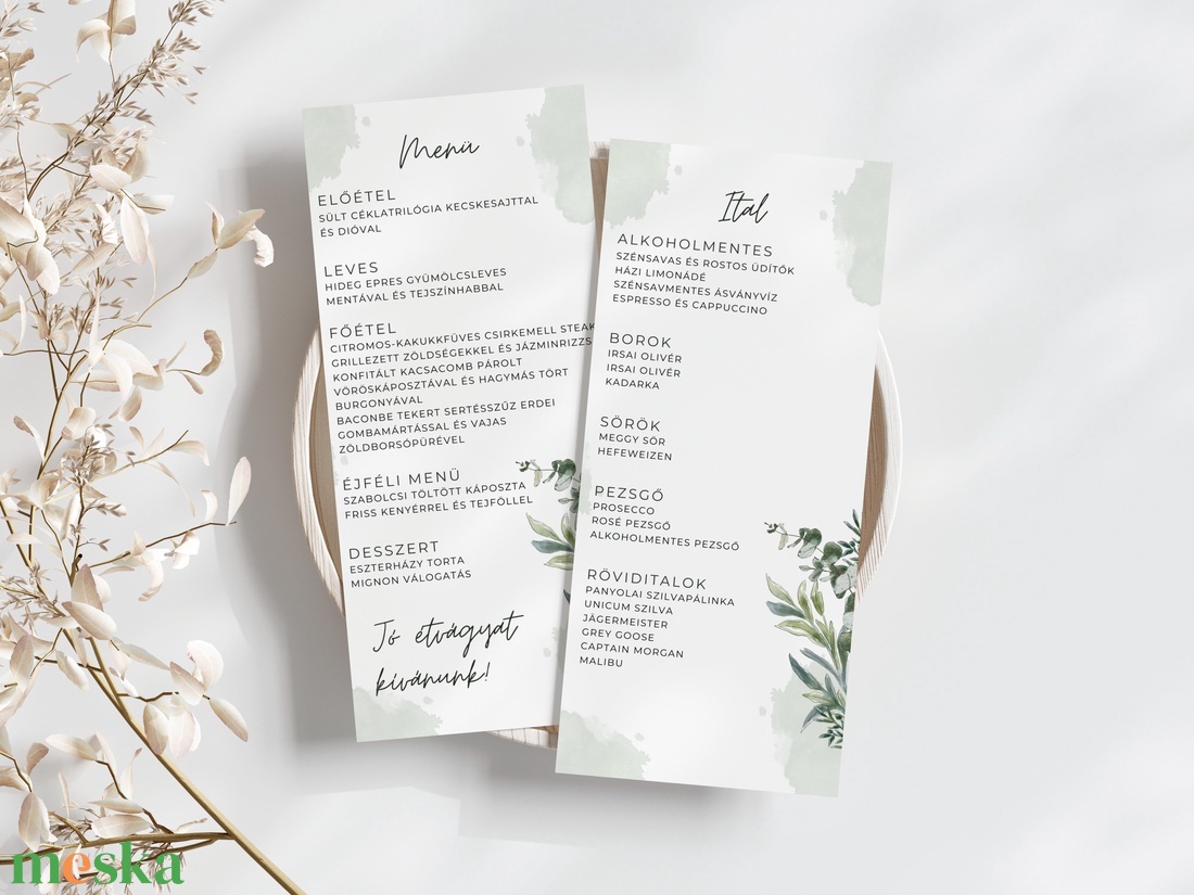 Esküvői menü és/vagy itallap/menüháromszög - Silent Nature (eukaliptuszos zöld) - esküvő - meghívó & kártya - meghívó - Meska.hu