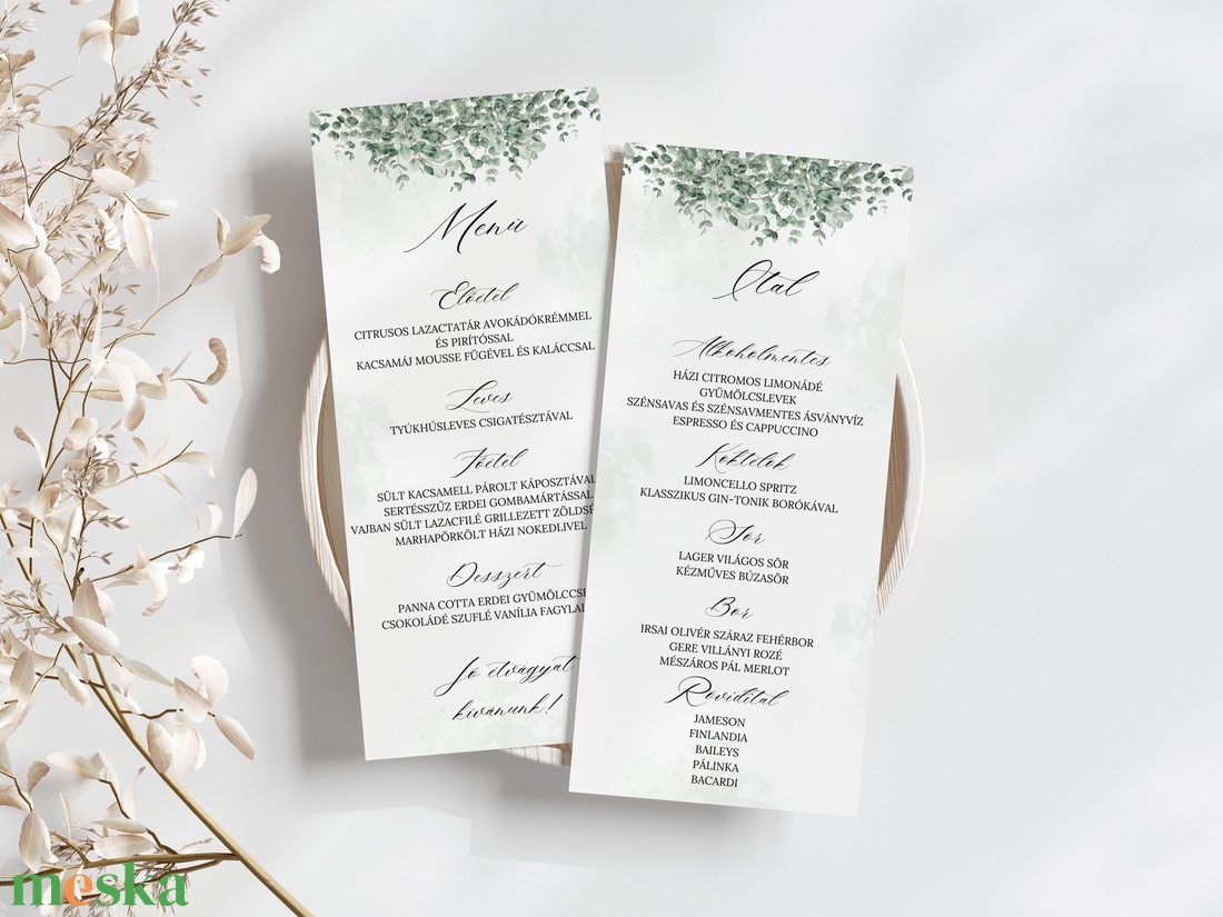 Esküvői menü és/vagy itallap/menüháromszög - Silver Dollar (eukaliptuszos) - esküvő - meghívó & kártya - meghívó - Meska.hu