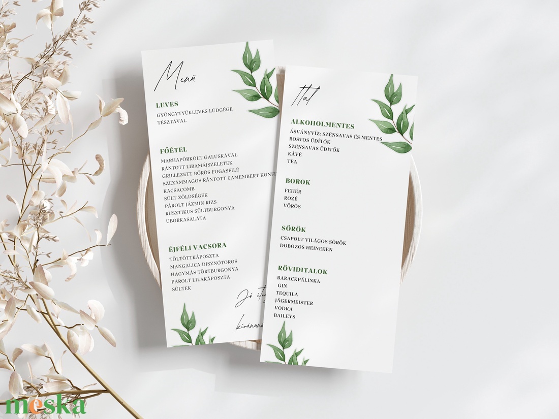 Esküvői menü és/vagy itallap/menüháromszög - Soft Sage (zsályazöld leveles) - esküvő - meghívó & kártya - meghívó - Meska.hu