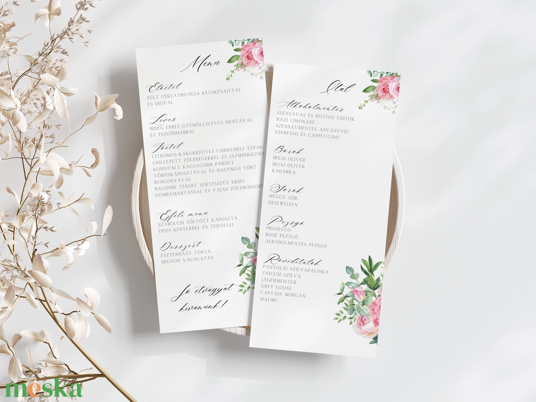 Esküvői menü és/vagy itallap/menüháromszög - Springer Roses (rózsaszín rózsás) - esküvő - meghívó & kártya - meghívó - Meska.hu