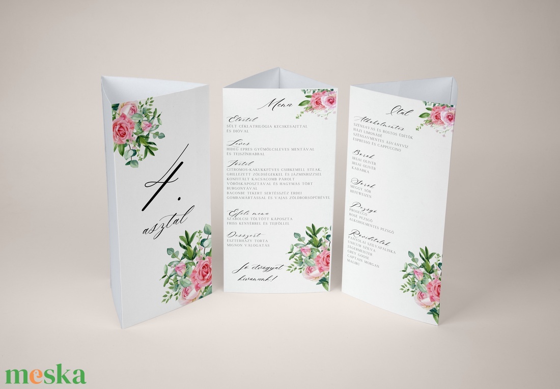 Esküvői menü és/vagy itallap/menüháromszög - Springer Roses (rózsaszín rózsás) - esküvő - meghívó & kártya - meghívó - Meska.hu