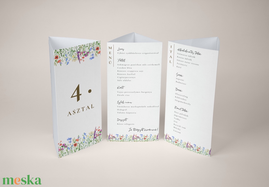 Esküvői menü és/vagy itallap/menüháromszög - Vadvirág liget (színes vadvirágos) - esküvő - meghívó & kártya - meghívó - Meska.hu