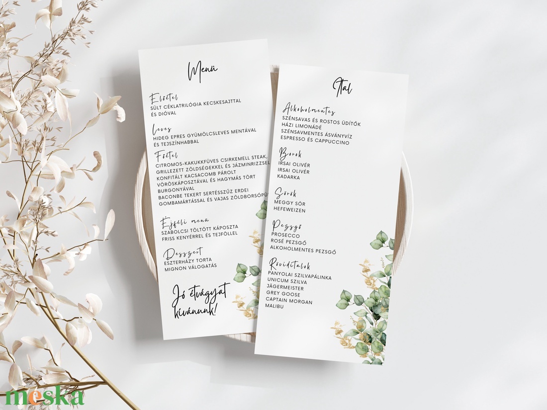 Esküvői menü és/vagy itallap/menüháromszög - Verde Oro (eukaliptuszos arany) - esküvő - meghívó & kártya - meghívó - Meska.hu