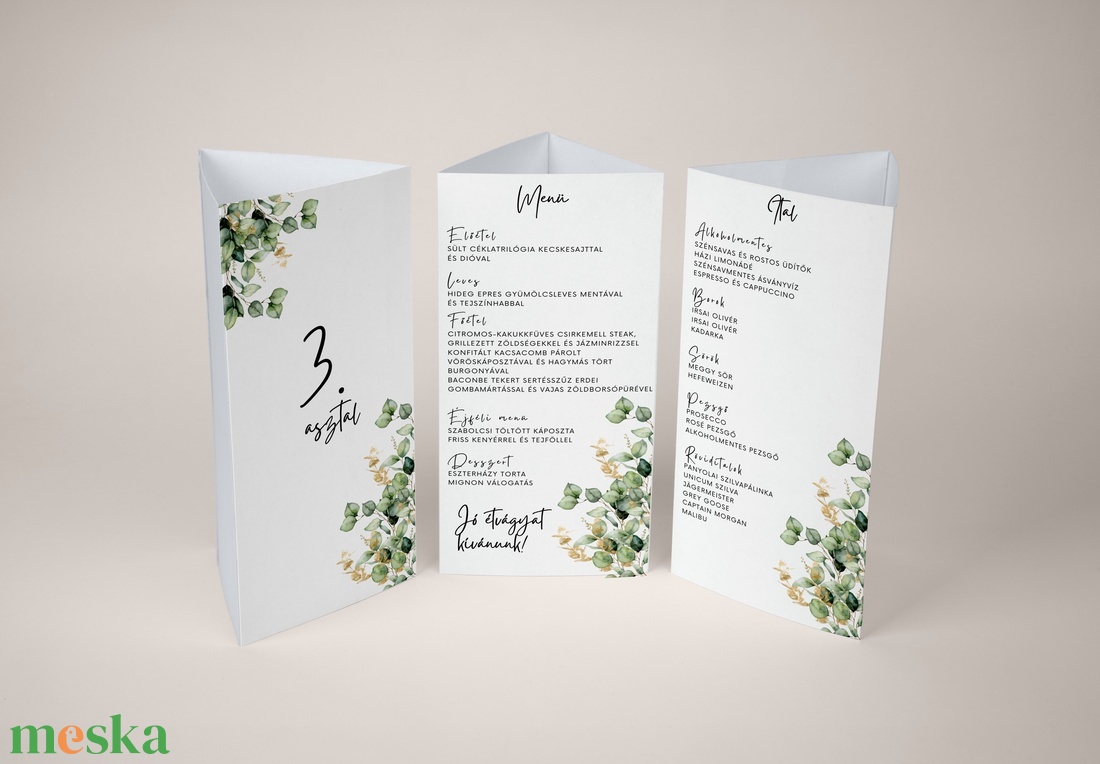 Esküvői menü és/vagy itallap/menüháromszög - Verde Oro (eukaliptuszos arany) - esküvő - meghívó & kártya - meghívó - Meska.hu