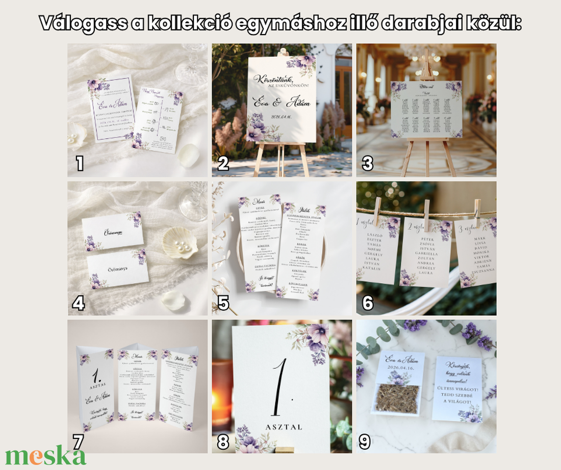 Esküvői menüháromszög/menülap/itallap/asztalszám - Violet Haze (lila virágos) - esküvő - meghívó & kártya - meghívó - Meska.hu
