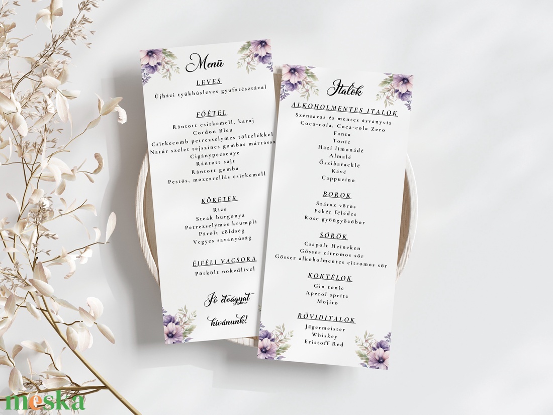 Esküvői menü és/vagy itallap/menüháromszög - Violet Haze (lila virágos) - esküvő - meghívó & kártya - meghívó - Meska.hu