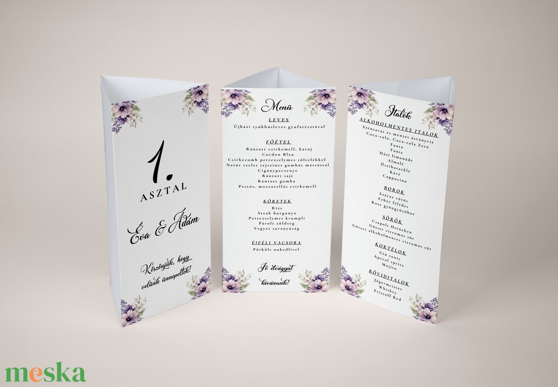 Esküvői menüháromszög/menülap/itallap/asztalszám - Violet Haze (lila virágos) - esküvő - meghívó & kártya - meghívó - Meska.hu