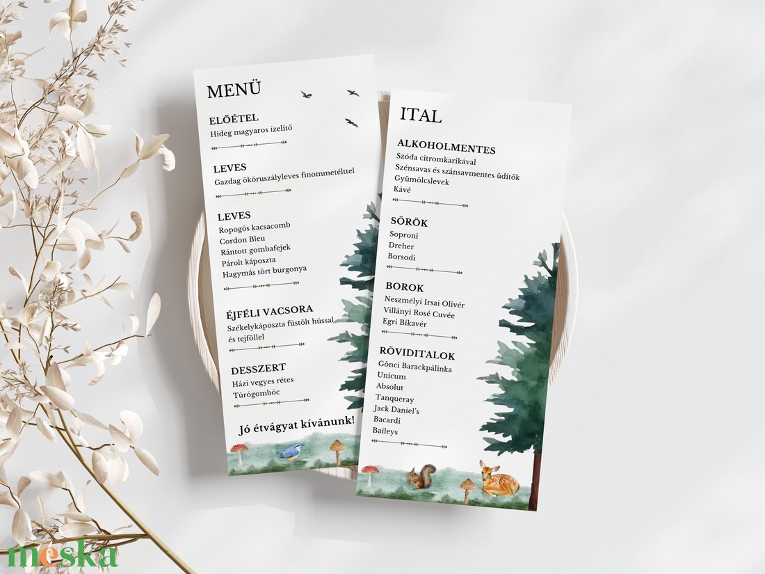 Esküvői menü és/vagy itallap/menüháromszög - Woodland Tale (erdei állatos) - esküvő - meghívó & kártya - meghívó - Meska.hu