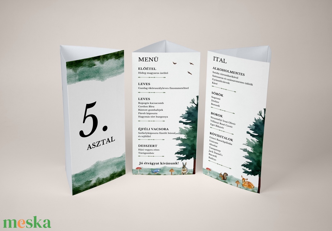 Esküvői menüháromszög/menülap/itallap/asztalszám - Woodland Tale (erdei állatos) - esküvő - meghívó & kártya - meghívó - Meska.hu