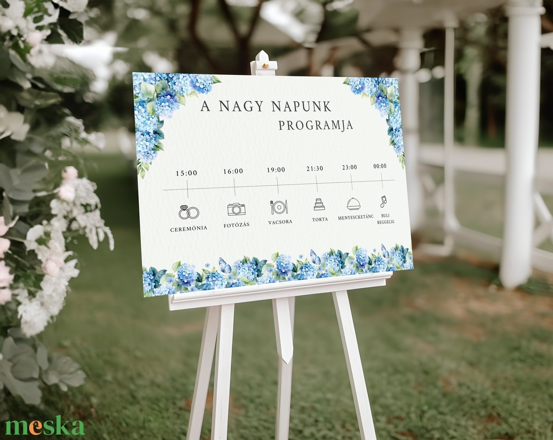 Esküvői tábla /köszöntőtábla/ültetésrend tábla/programtábla - Blue Dream (kék hortenziás) - esküvő - dekoráció - tábla & jelzés - Meska.hu