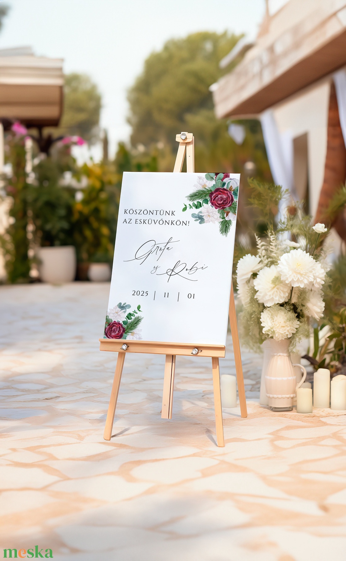 Esküvői tábla /köszöntőtábla/ültetésrend tábla/programtábla - Evergreen Love (fenyős bordó rózsás) - esküvő - dekoráció - tábla & jelzés - Meska.hu