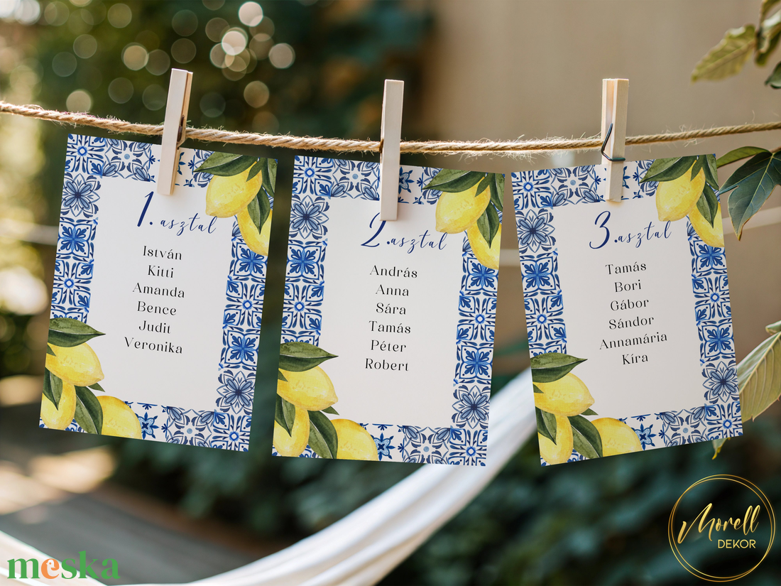 Esküvői ültetőkártya/ ültető / névkártya / asztali névkártya / vendég névtábla - Amalfi Ceramica (citromos kék csempés) - esküvő - meghívó & kártya - meghívó - Meska.hu