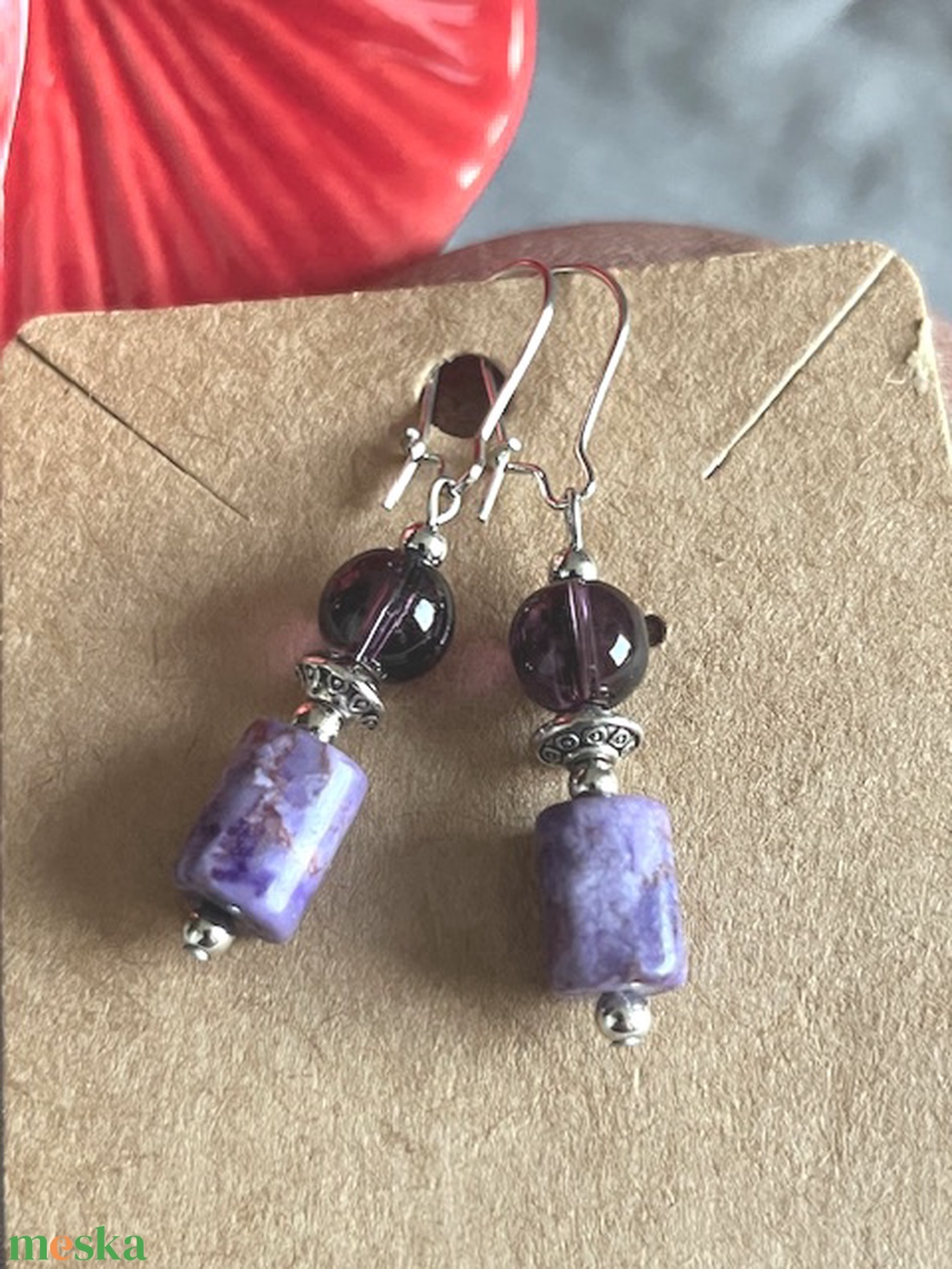 Füli ametiszt ásvánnyal - ékszer - fülbevaló - lógó fülbevaló - Meska.hu