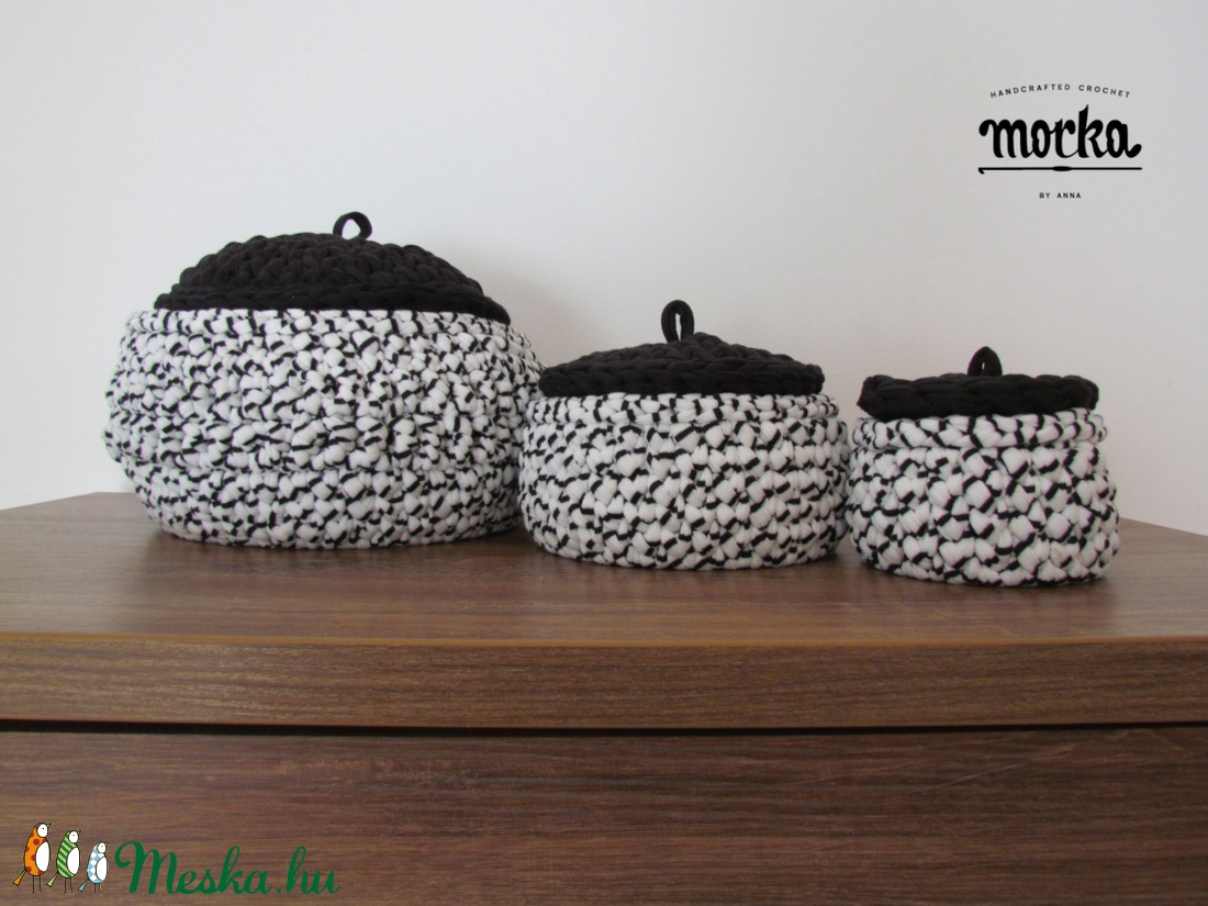 Fedeles horgolt tároló szett - Fekete Fehér - otthon & életmód - tárolás & rendszerezés - tárolókosár - Meska.hu