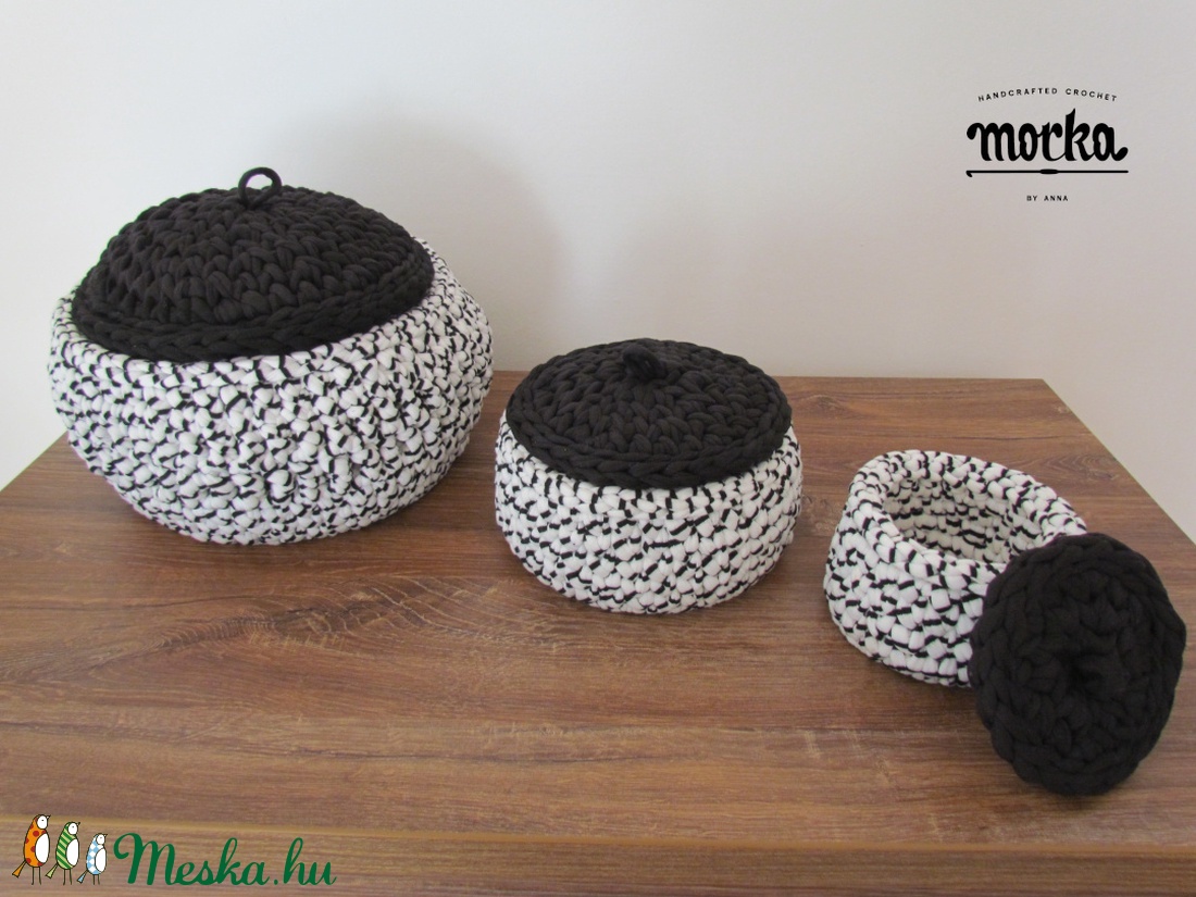 Fedeles horgolt tároló szett - Fekete Fehér - otthon & életmód - tárolás & rendszerezés - tárolókosár - Meska.hu