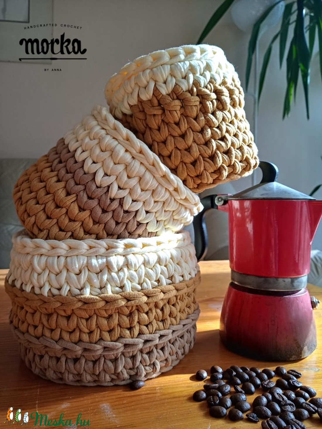Kávés kollekció - Horgolt tároló szett - otthon & életmód - tárolás & rendszerezés - tárolókosár - Meska.hu