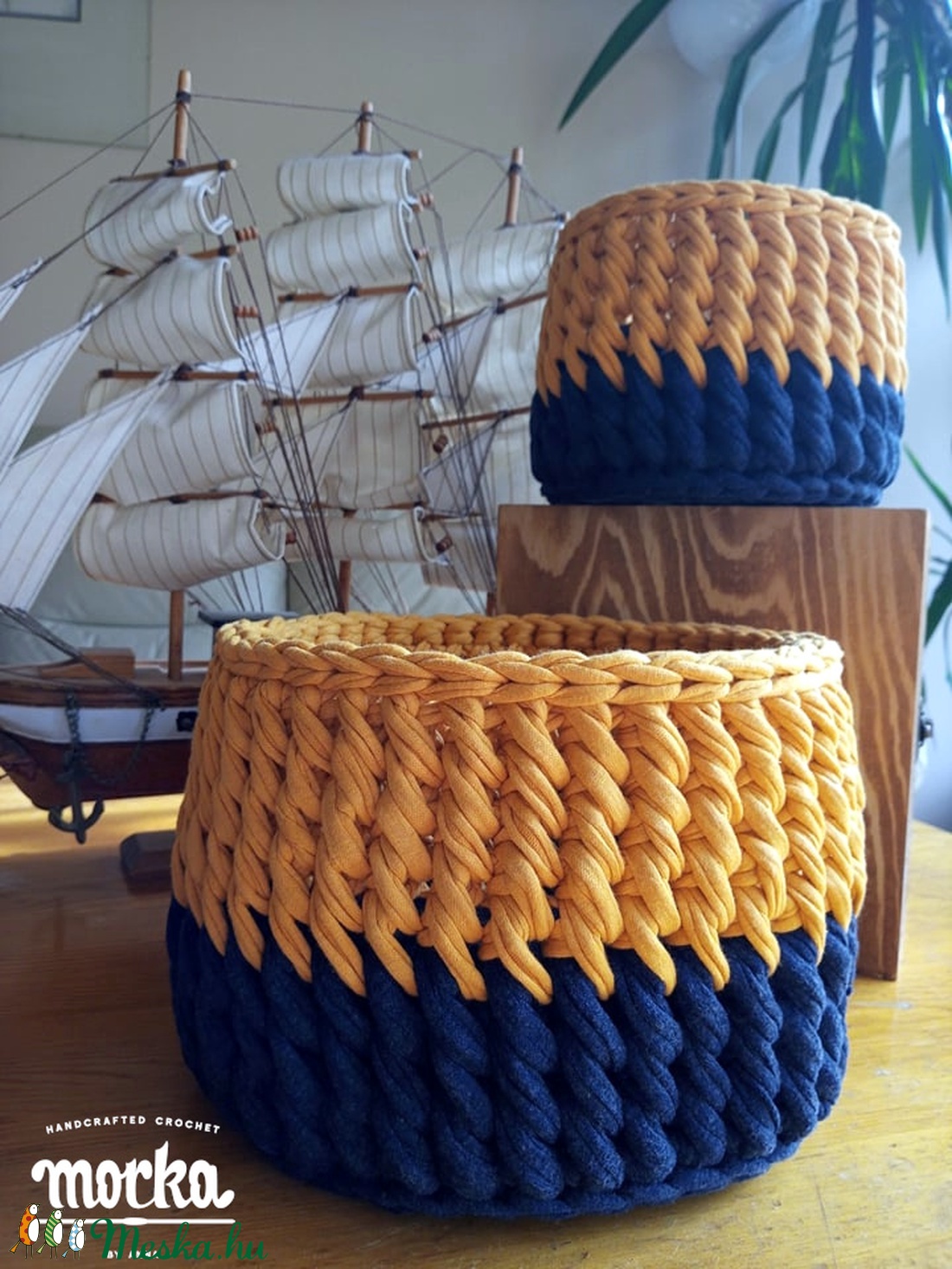 Horgolt kosár szett - Kék és Őszi sárga - otthon & életmód - tárolás & rendszerezés - tárolókosár - Meska.hu