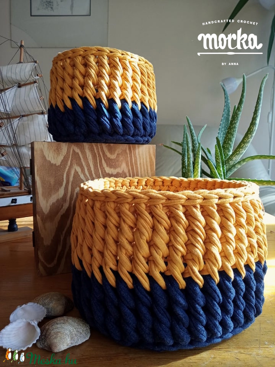 Horgolt kosár szett - Kék és Őszi sárga - otthon & életmód - tárolás & rendszerezés - tárolókosár - Meska.hu