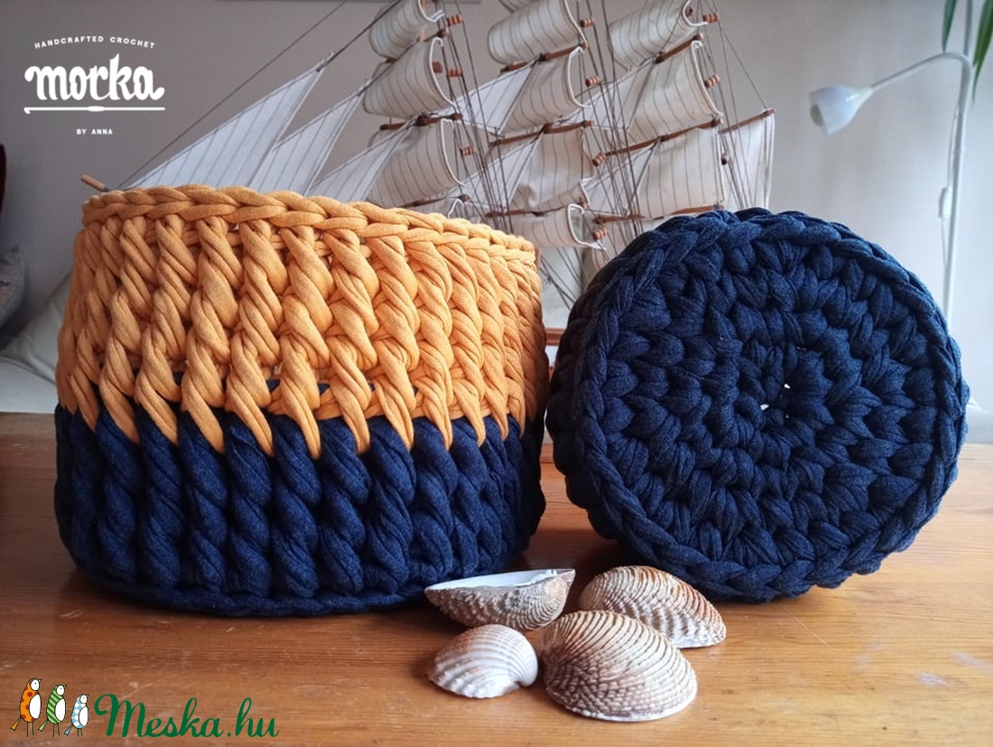 Horgolt kosár szett - Kék és Őszi sárga - otthon & életmód - tárolás & rendszerezés - tárolókosár - Meska.hu