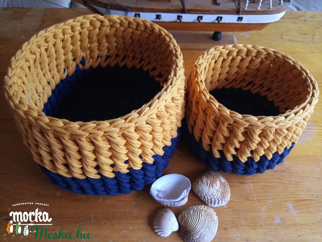 Horgolt kosár szett - Kék és Őszi sárga - otthon & életmód - tárolás & rendszerezés - tárolókosár - Meska.hu
