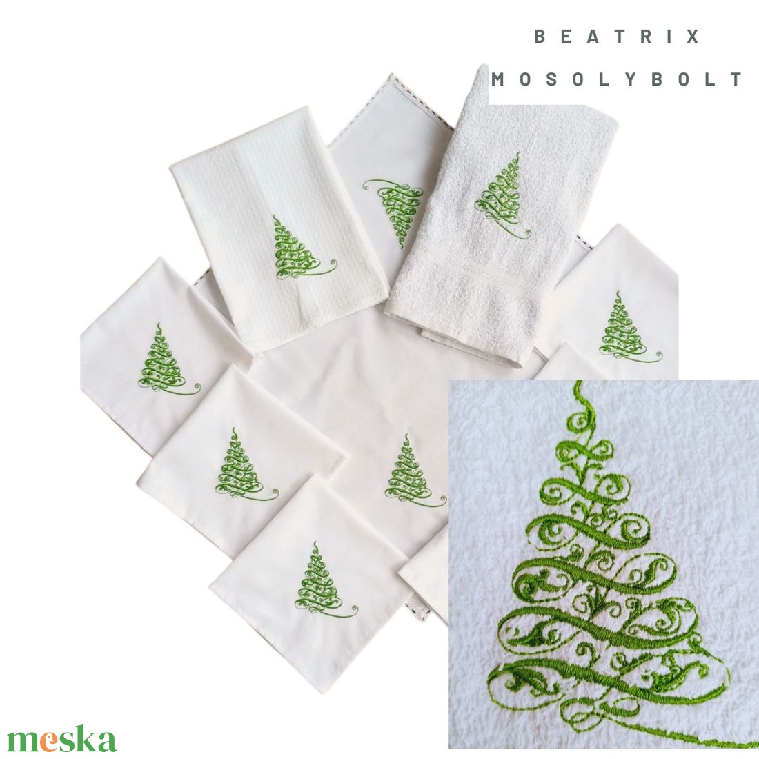 Ünnepi textilszett fenyőfa hímzéssel Karácsonyi, 6 szalvéta, törölköző, konyharuha, csipkés asztalközép - karácsony - karácsonyi lakásdekoráció - ünnepi asztaldekoráció - Meska.hu