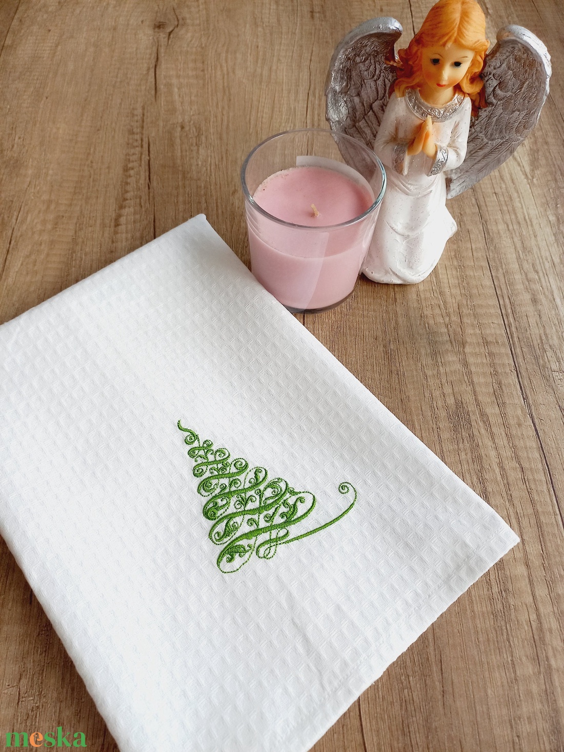 Ünnepi textilszett fenyőfa hímzéssel Karácsonyi, 6 szalvéta, törölköző, konyharuha, csipkés asztalközép - karácsony - karácsonyi lakásdekoráció - ünnepi asztaldekoráció - Meska.hu