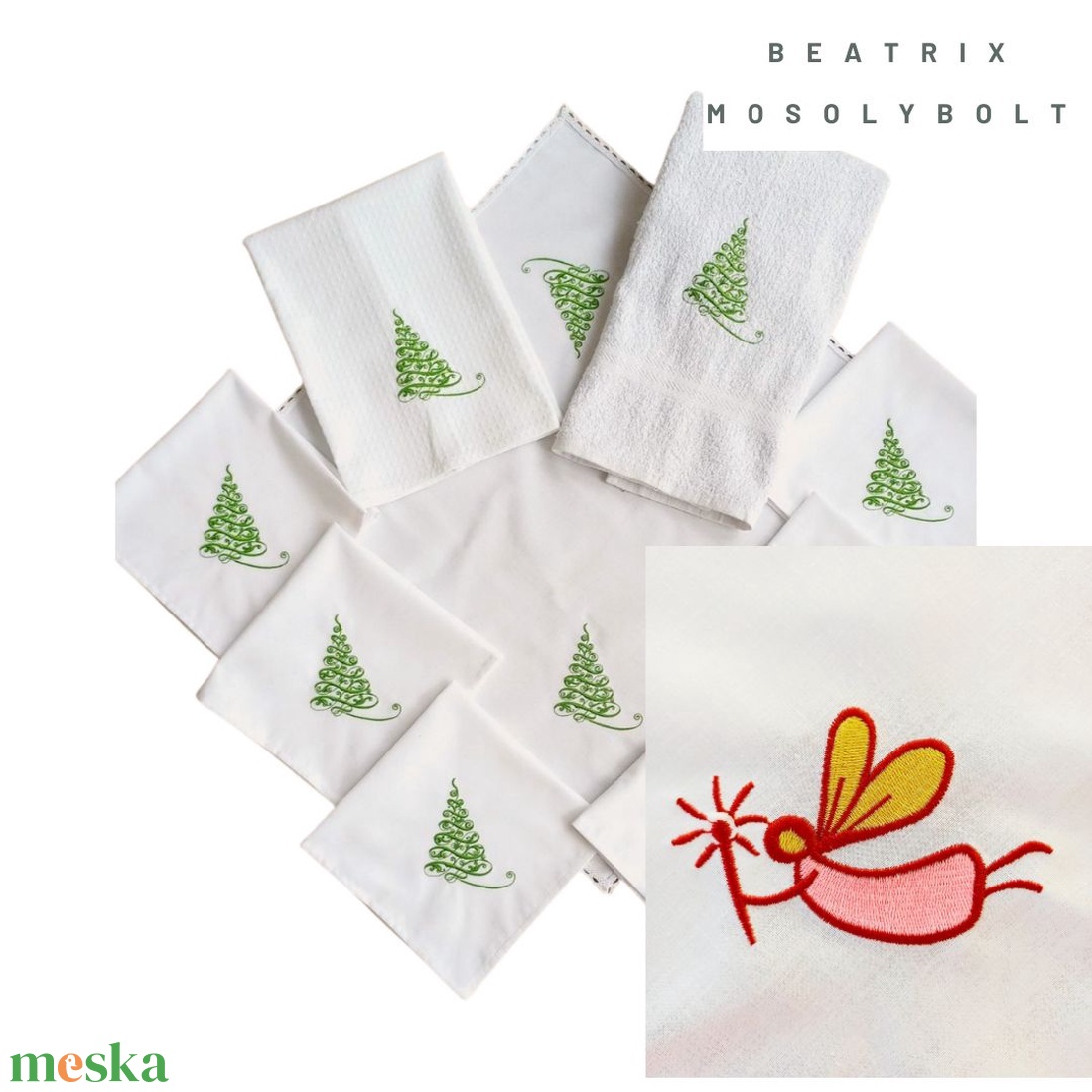 Ünnepi textilszett angyalka hímzéssel Karácsonyi, 6 szalvéta, törölköző, konyharuha, csipkés asztalközép - karácsony - karácsonyi lakásdekoráció - ünnepi asztaldekoráció - Meska.hu