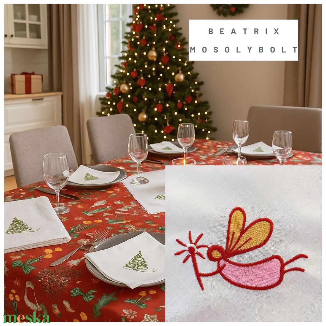 Ünnepi textilszett angyalka hímzéssel Karácsonyi, 6 szalvéta, törölköző, konyharuha, csipkés asztalközép - karácsony - karácsonyi lakásdekoráció - ünnepi asztaldekoráció - Meska.hu