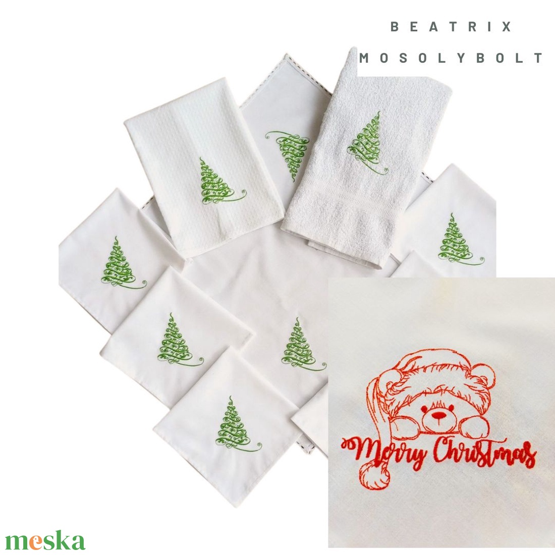 Ünnepi textilszett mackó hímzéssel Karácsonyi, 6 szalvéta, törölköző, konyharuha, csipkés asztalközép - karácsony - karácsonyi lakásdekoráció - ünnepi asztaldekoráció - Meska.hu