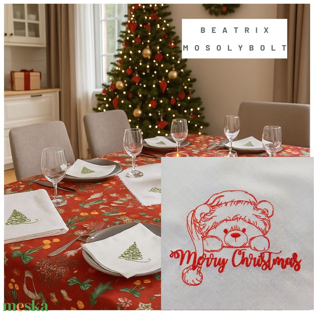 Ünnepi textilszett mackó hímzéssel Karácsonyi, 6 szalvéta, törölköző, konyharuha, csipkés asztalközép - karácsony - karácsonyi lakásdekoráció - ünnepi asztaldekoráció - Meska.hu