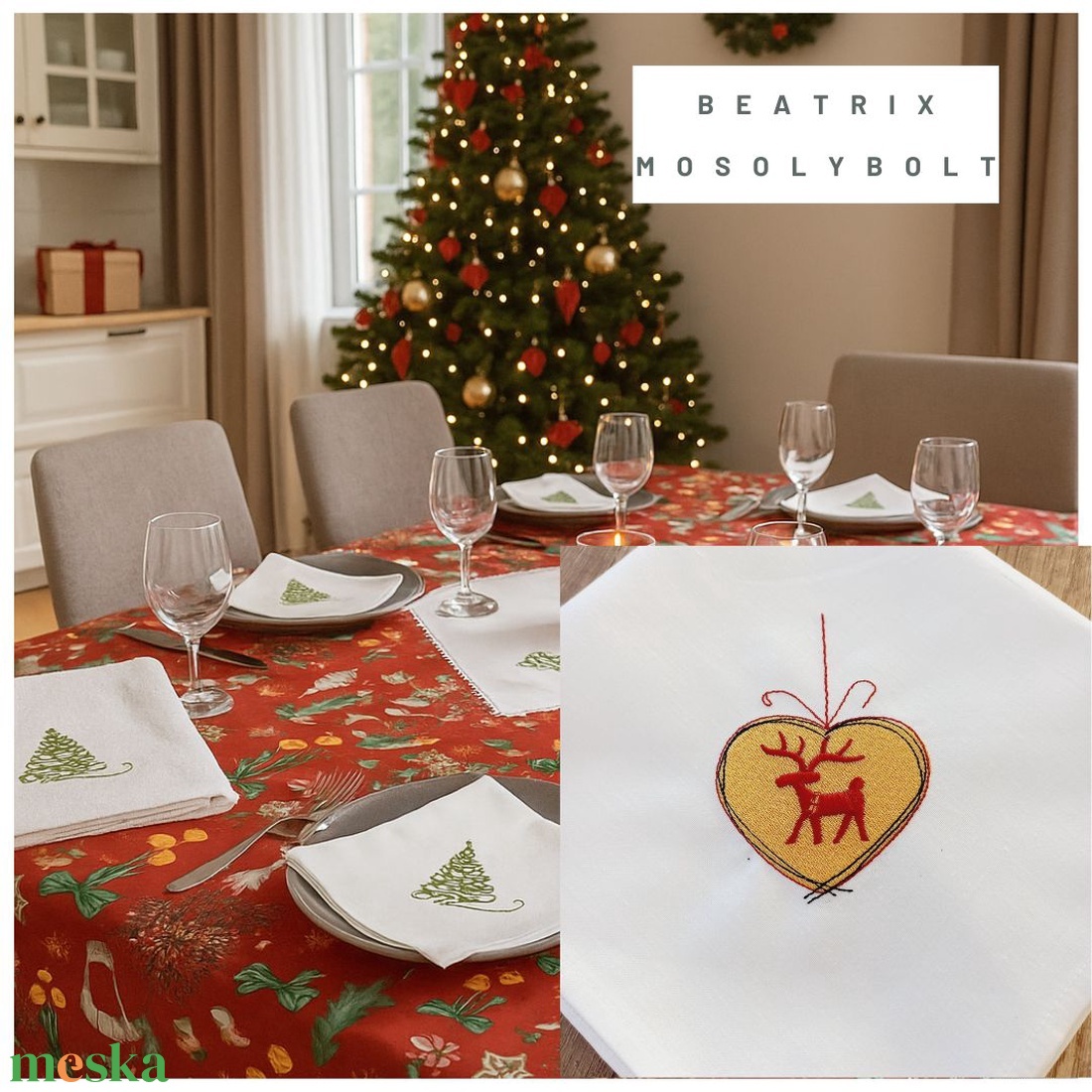 Ünnepi textilszett rénszarvas hímzéssel Karácsonyi, 6 szalvéta, törölköző, konyharuha, csipkés asztalközép - karácsony - karácsonyi lakásdekoráció - ünnepi asztaldekoráció - Meska.hu