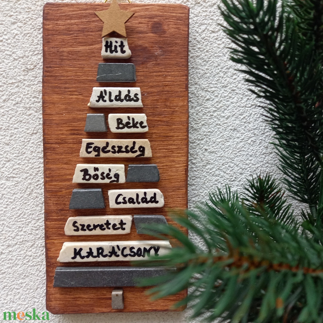 Jókívánság karácsonyfa natúr - kavicskép - otthon & életmód - dekoráció - kép & falikép - mozaik kép - Meska.hu