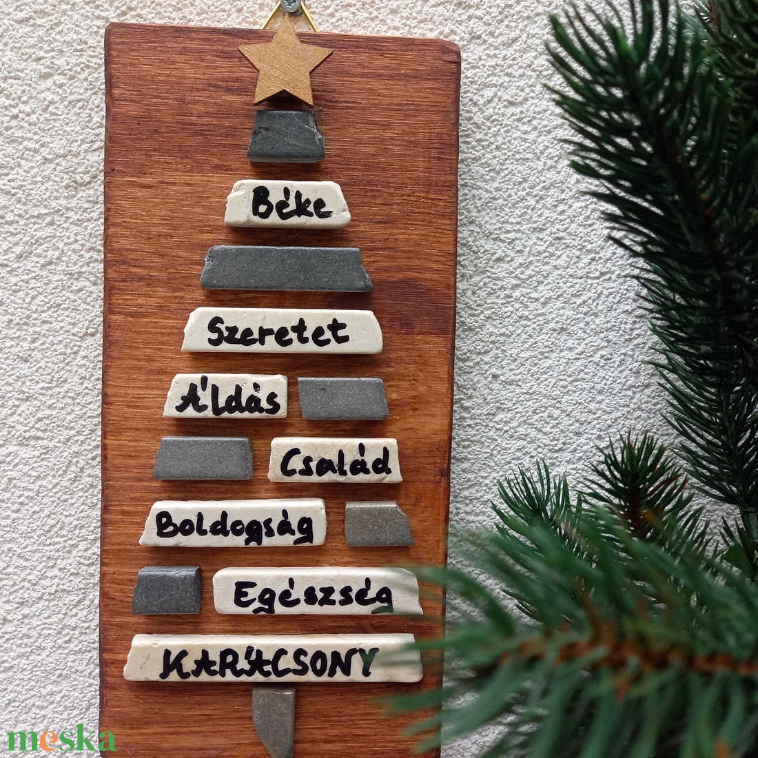 Jókívánság karácsonyfa natúr - kavicskép - otthon & életmód - dekoráció - kép & falikép - mozaik kép - Meska.hu