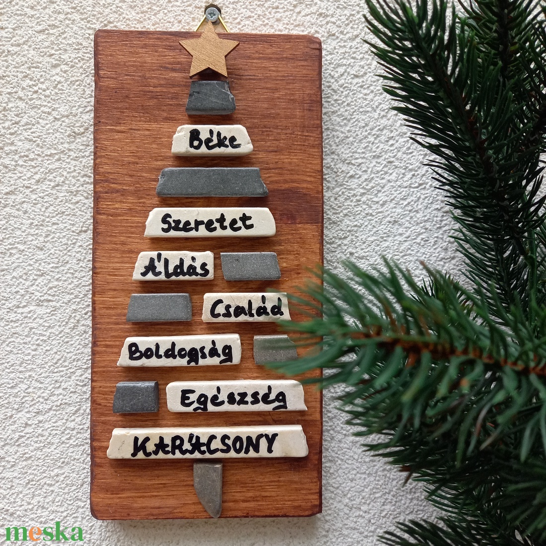 Jókívánság karácsonyfa natúr - kavicskép - otthon & életmód - dekoráció - kép & falikép - mozaik kép - Meska.hu