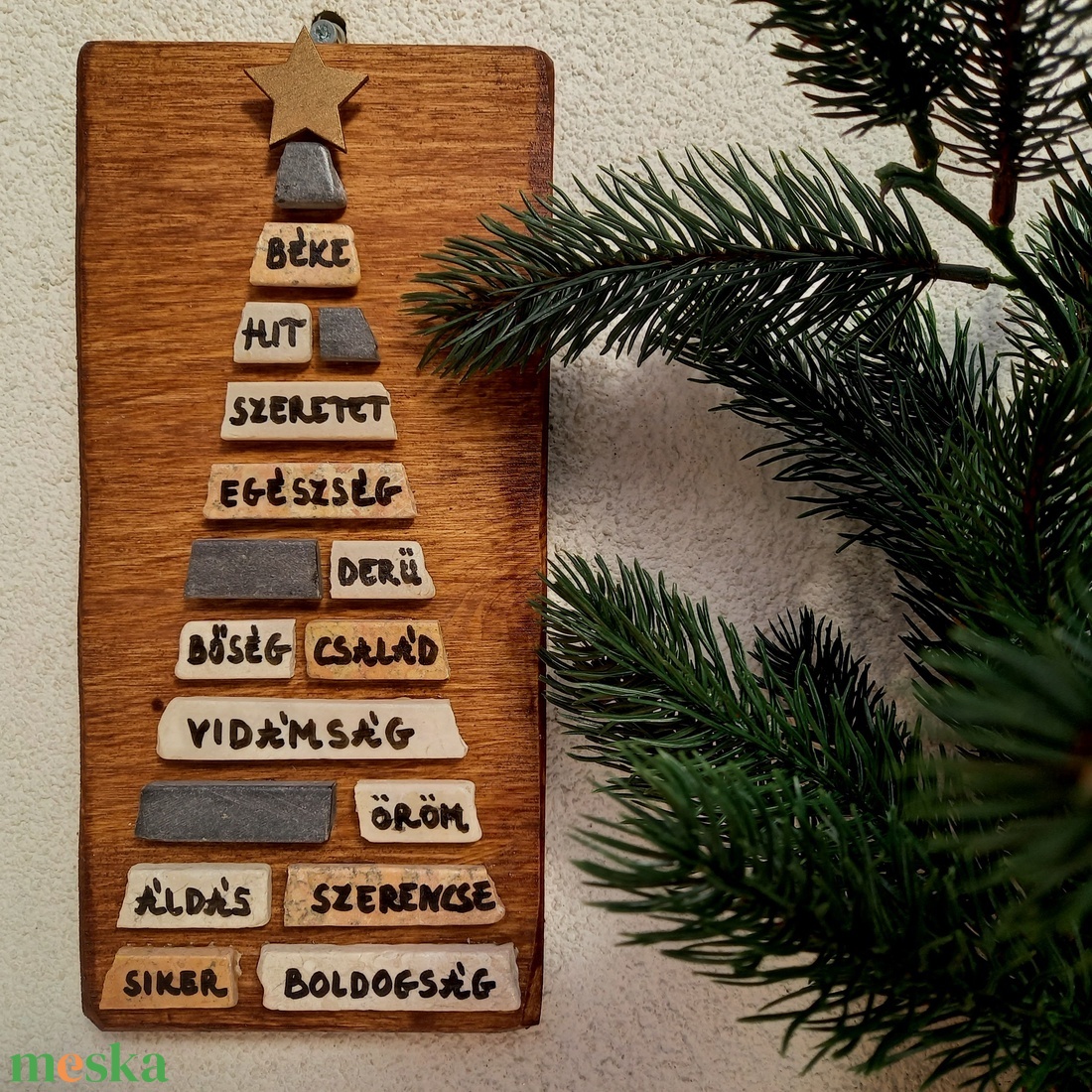 Jókívánság karácsonyfa natúr - kavicskép - otthon & életmód - dekoráció - kép & falikép - mozaik kép - Meska.hu