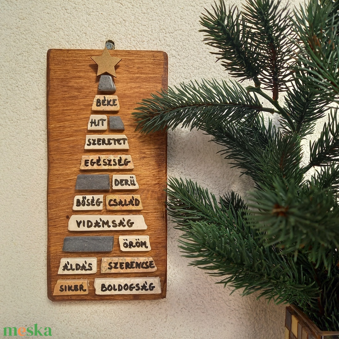 Jókívánság karácsonyfa natúr - kavicskép - otthon & életmód - dekoráció - kép & falikép - mozaik kép - Meska.hu