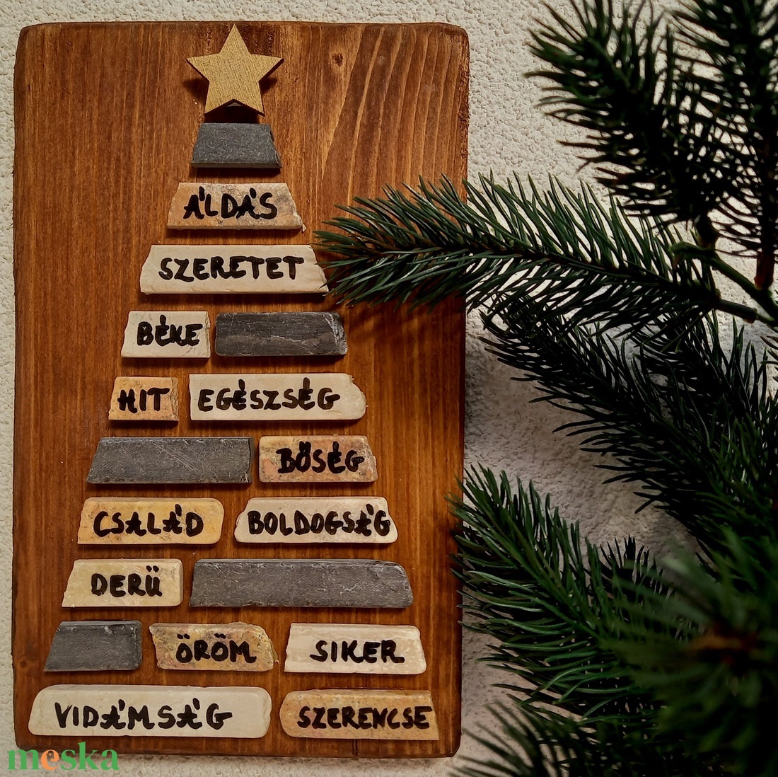 Jókívánság karácsonyfa natúr - kavicskép - otthon & életmód - dekoráció - kép & falikép - mozaik kép - Meska.hu