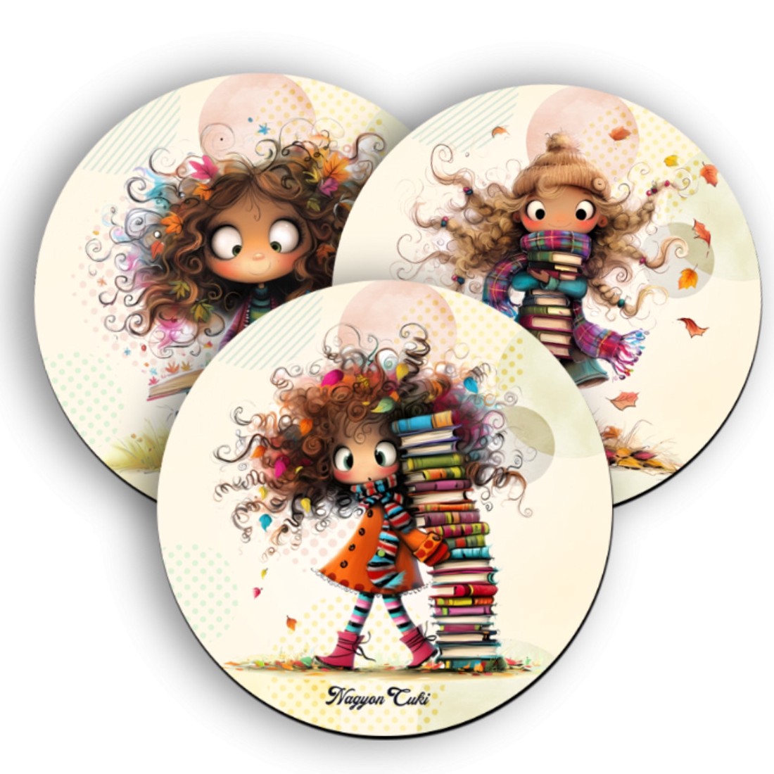 3 db cuki őszi Könyvmoly lány kör alakú alátét szett (#78) -  - Meska.hu