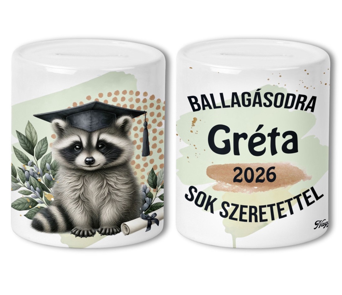 Névvel kérhető Mosómedve - 2026 évi Ballagásra mintás persely - otthon & életmód - dekoráció - asztal és polc dekoráció - persely - Meska.hu