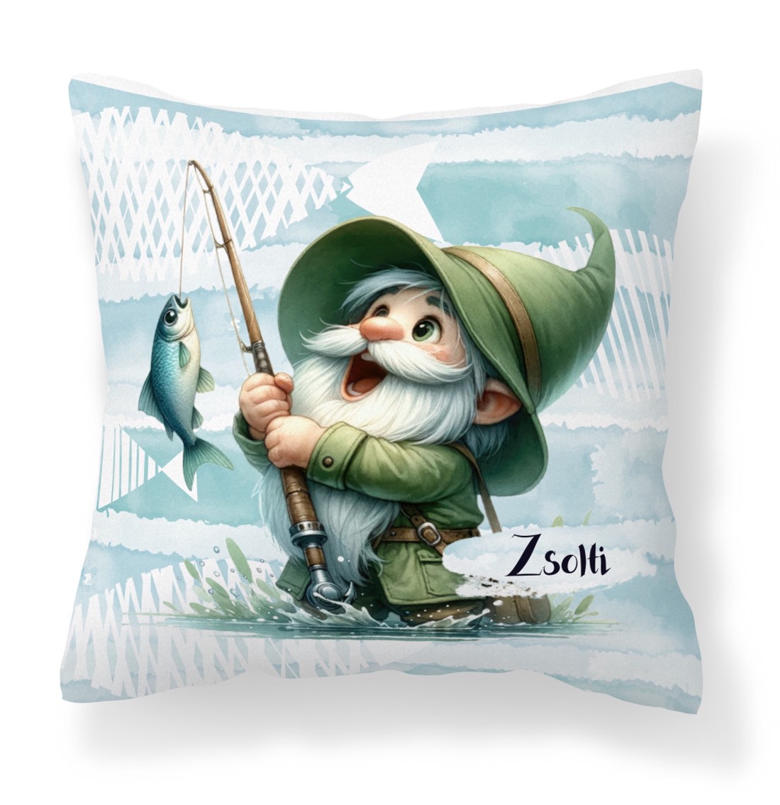 Névvel kérhető - Horgász manó és a nagy fogás mintás párna - otthon & életmód - lakástextil - párna & párnahuzat - díszpárna (belsővel együtt) - Meska.hu