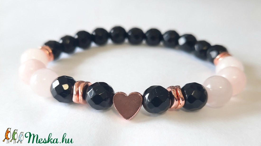 Rózsakvarc és csiszolt Ónix ásvány karkötő szív dísszel  - ékszer - karkötő - Meska.hu Rózsakvarc és csiszolt Ónix ásvány karkötő szív dísszel  - ékszer - karkötő - Meska.hu