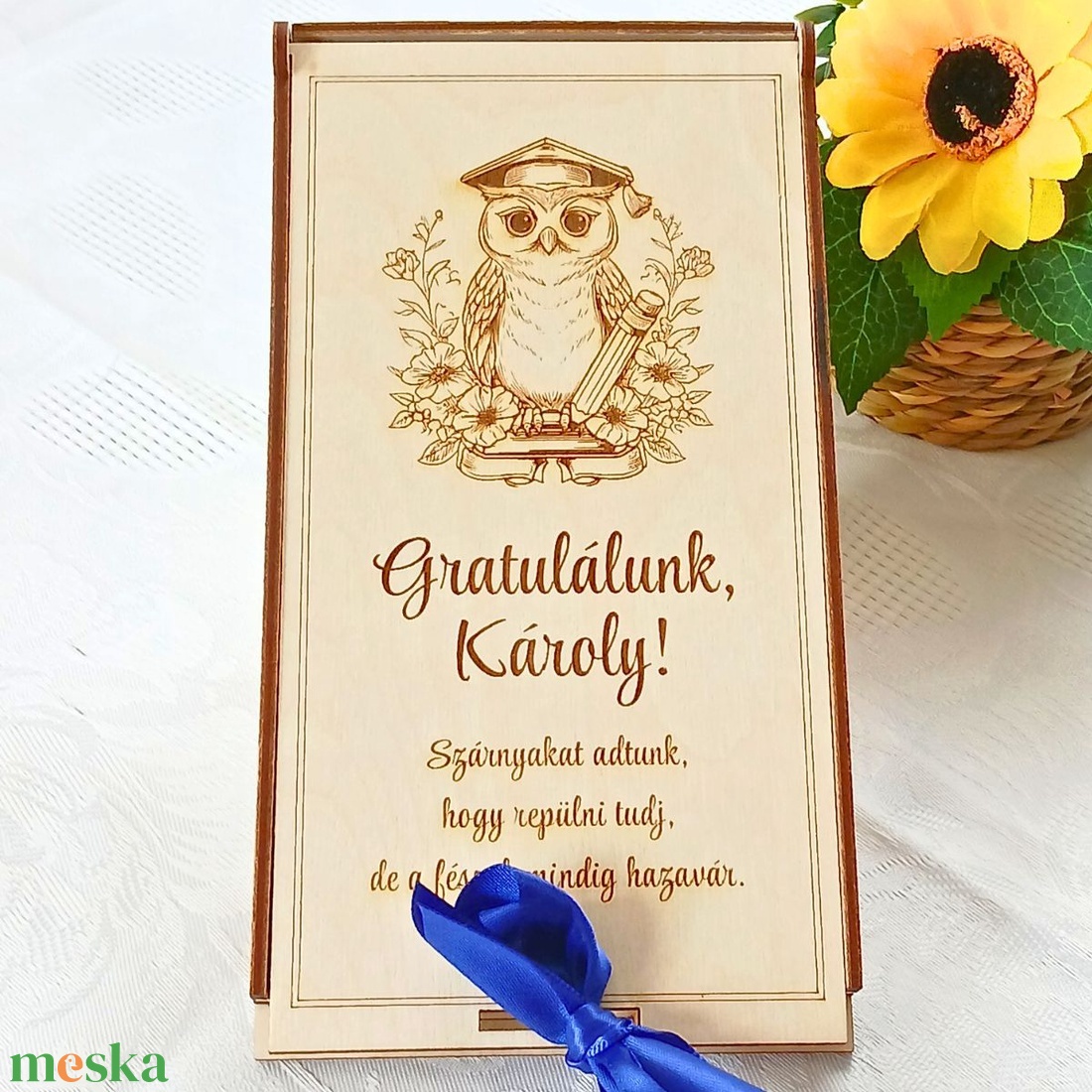 Névre szóló csoki- és pénzátadó fadoboz � Ballagási sapkás bagoly mintával - otthon & életmód - papír, írószer - ajándékozás kellékei - pénzátadó doboz - Meska.hu